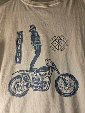 Roark Men's Cream Tee with Blue Motorcycle Graphic
